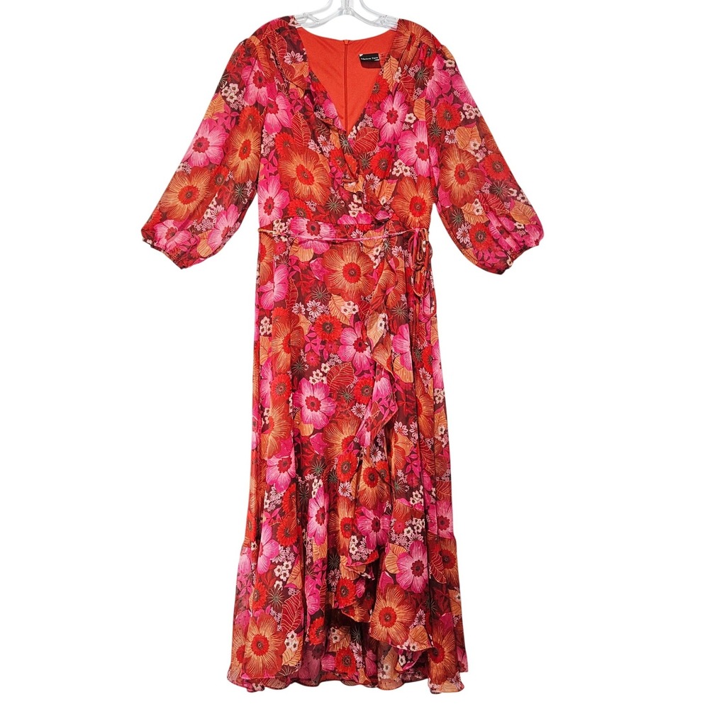 Maison Tara Women Maxi Dress 16 Red Floral Swiss Dot Faux Wrap Ruffle Boho Fairy